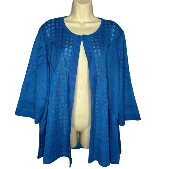 Ming Wang Sweaters - Ming Wang Textured Cardigan Jacket Open Front 3/4 Sleeve Blue
